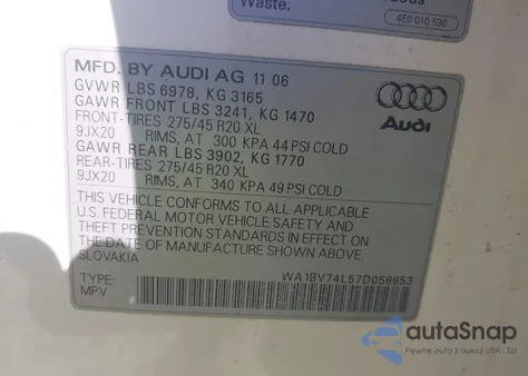 2007 Audi Q7 4.2 Premium из США, поврежденный, VIN WA1BV74L57D058853